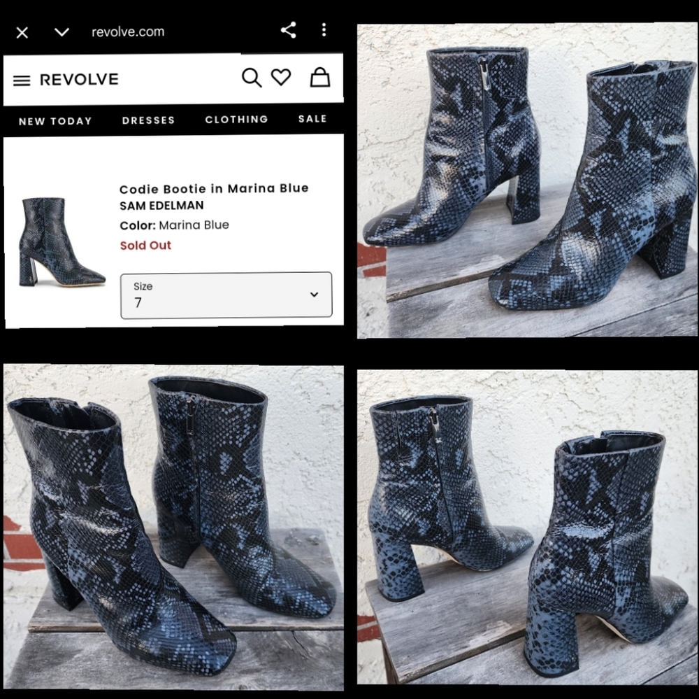 7 Sam Edelman Codie booties blue black leather snake skin heel block boots